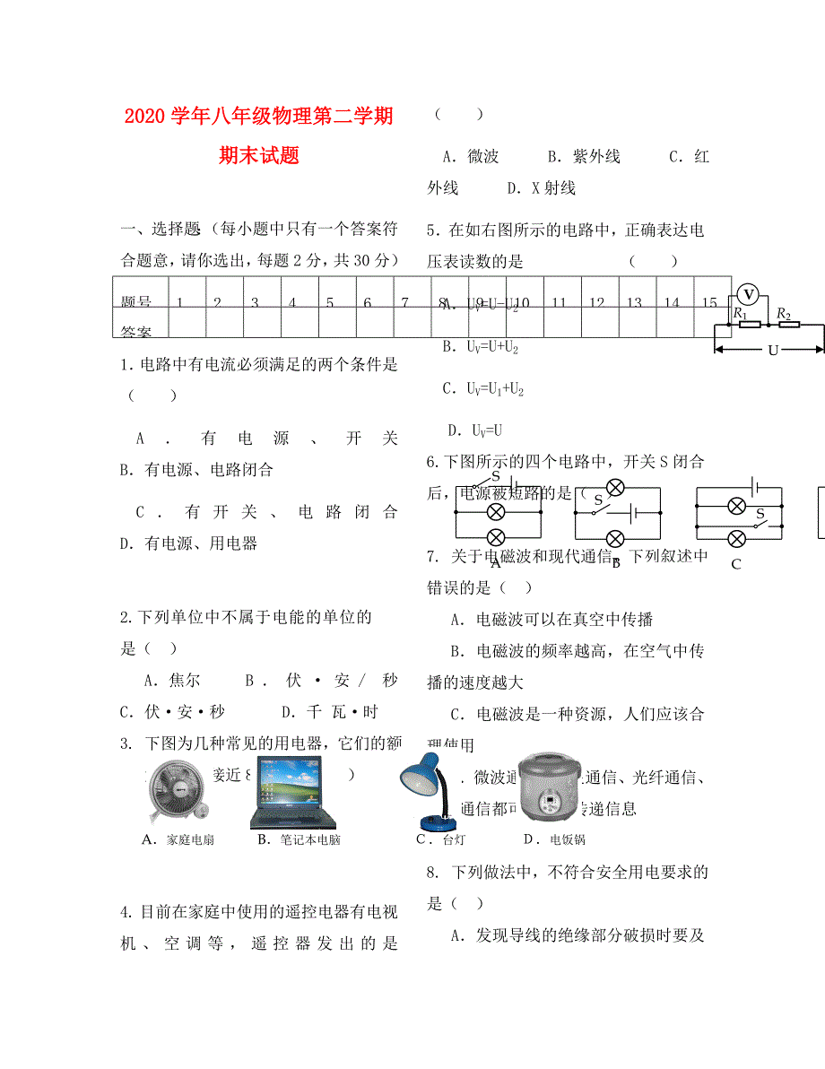 八年级物理第二学期期末试题人教新课标_第1页