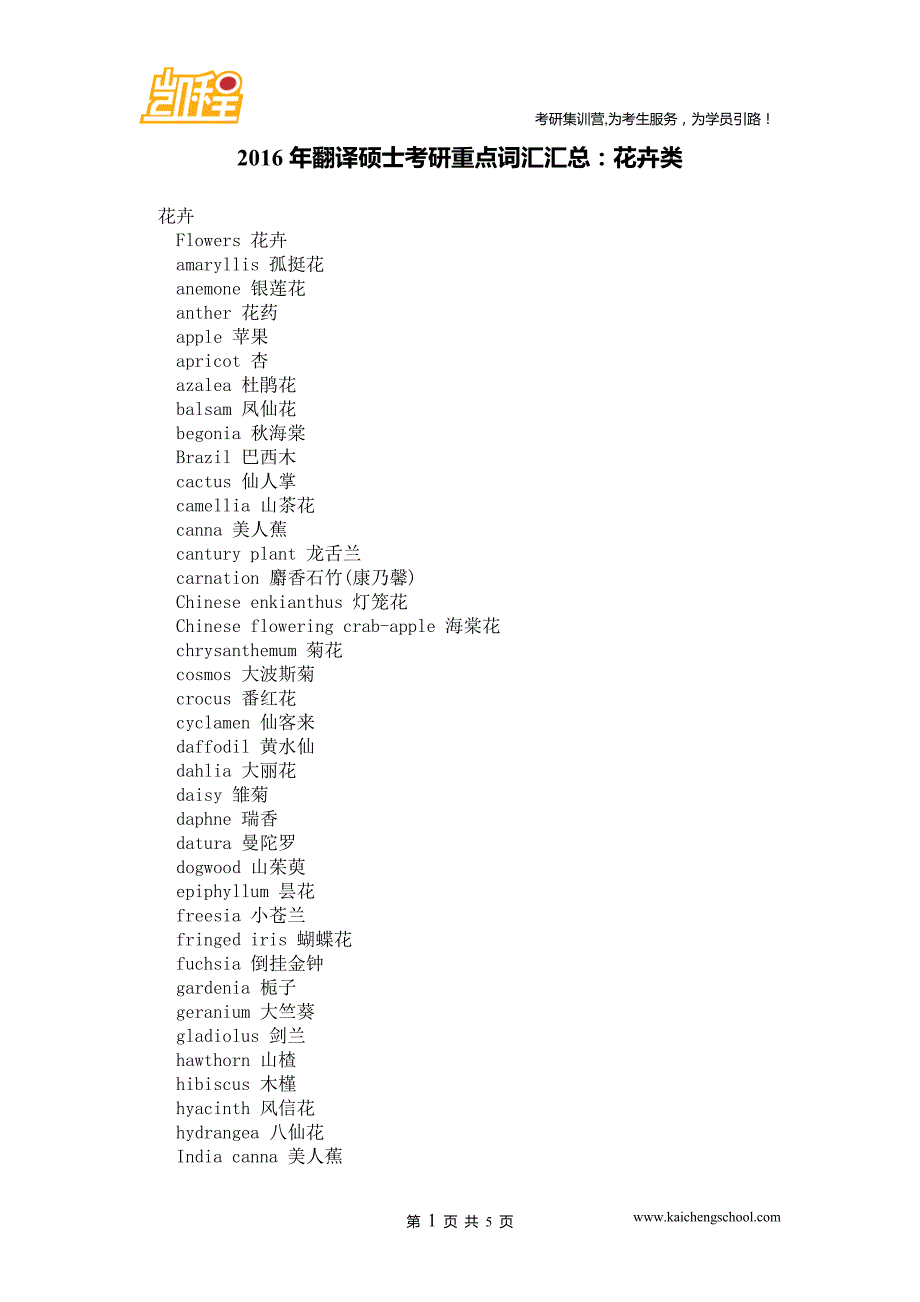 2016年翻译硕士考研重点词汇汇总：花卉类.doc_第1页