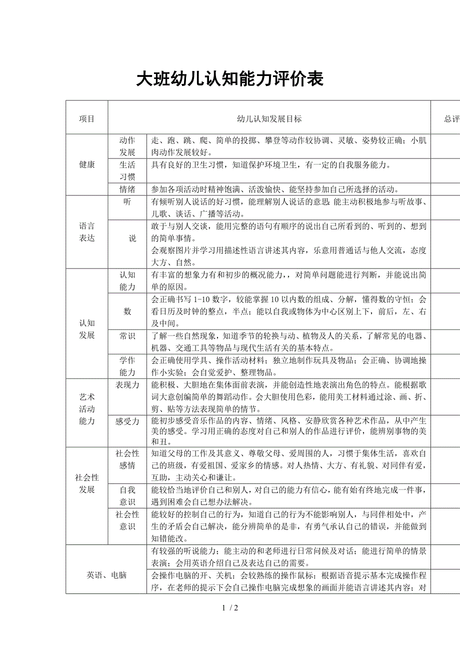 大班幼儿认知能力评价表_第1页