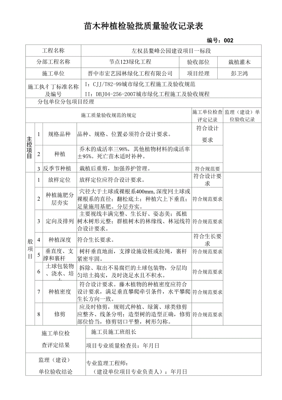 苗木种植检验批质量验收记录表_第1页