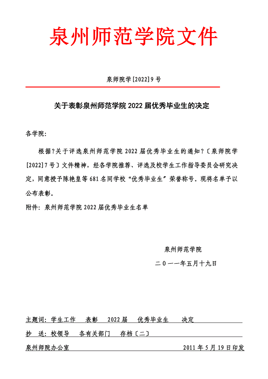 最新关于表彰泉州师范学院2022届优秀毕业生的决定_第2页