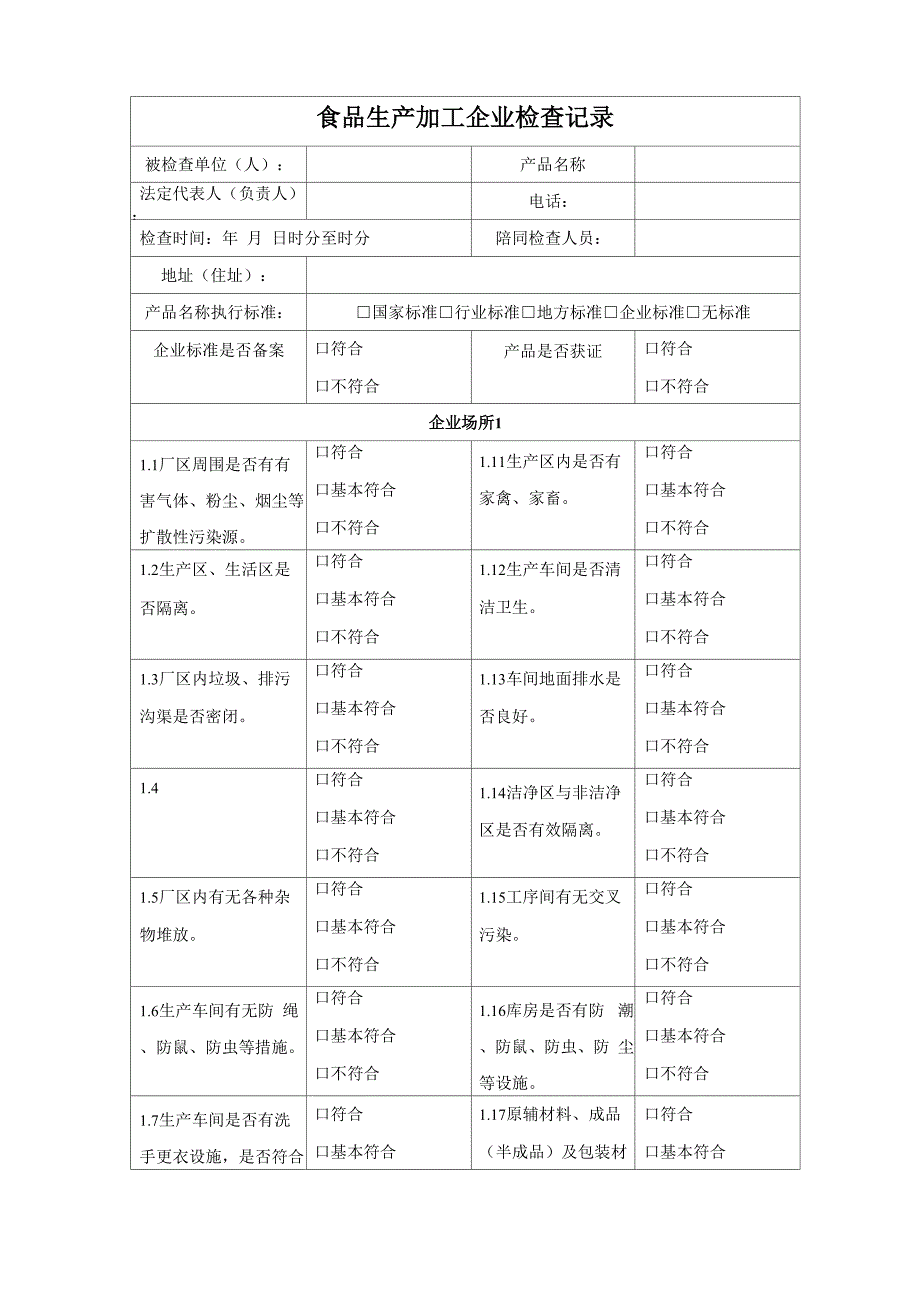 食品生产加工企业检查记录0001_第1页