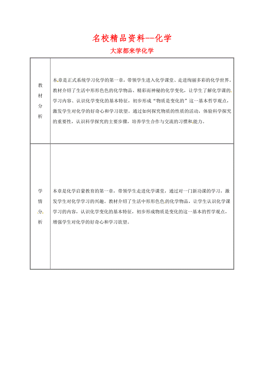 【名校精品】九年级化学上册第1章大家都来学化学备课教案粤教版_第1页