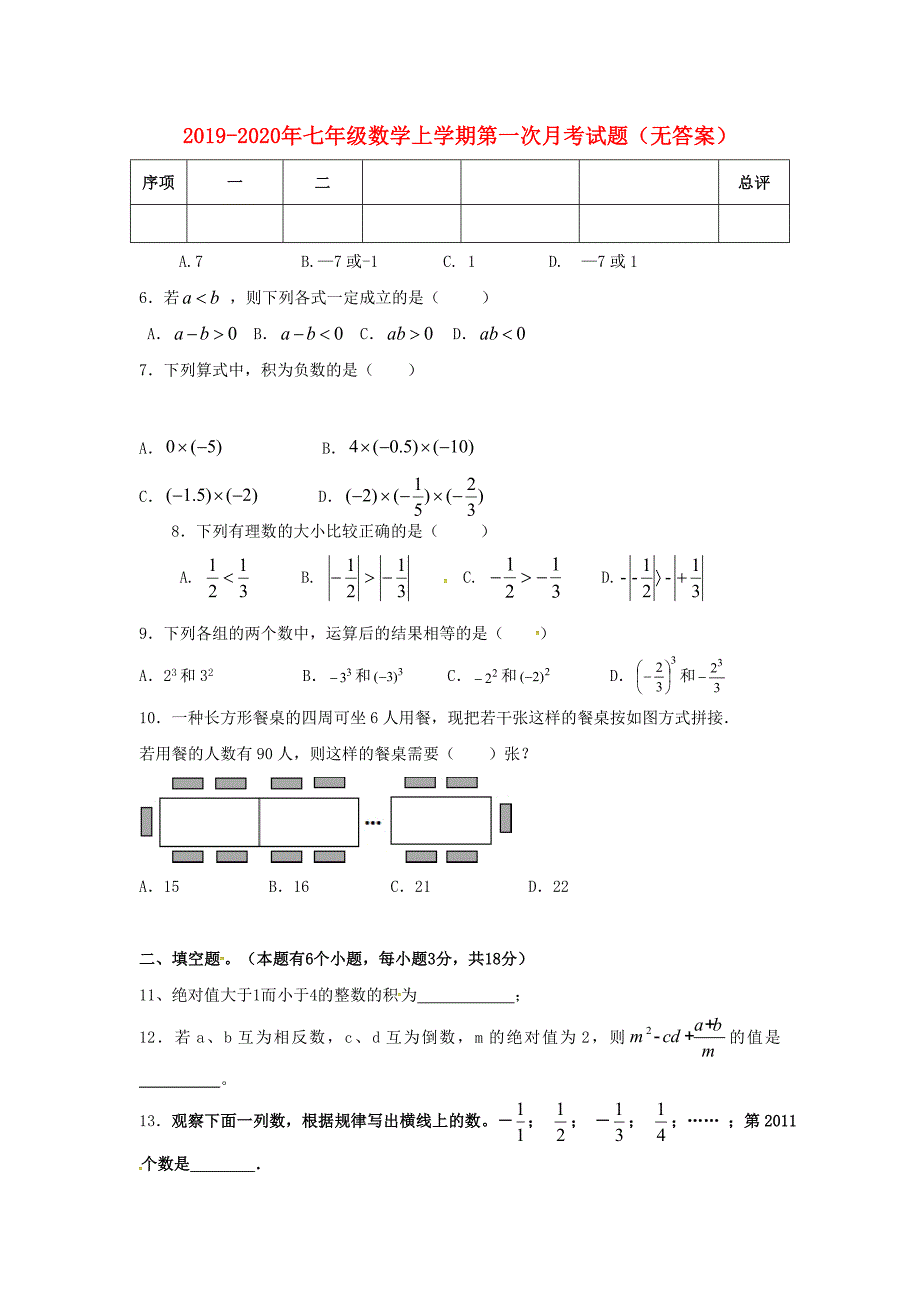 2019-2020年七年级数学上学期第一次月考试题(无答案).doc_第1页