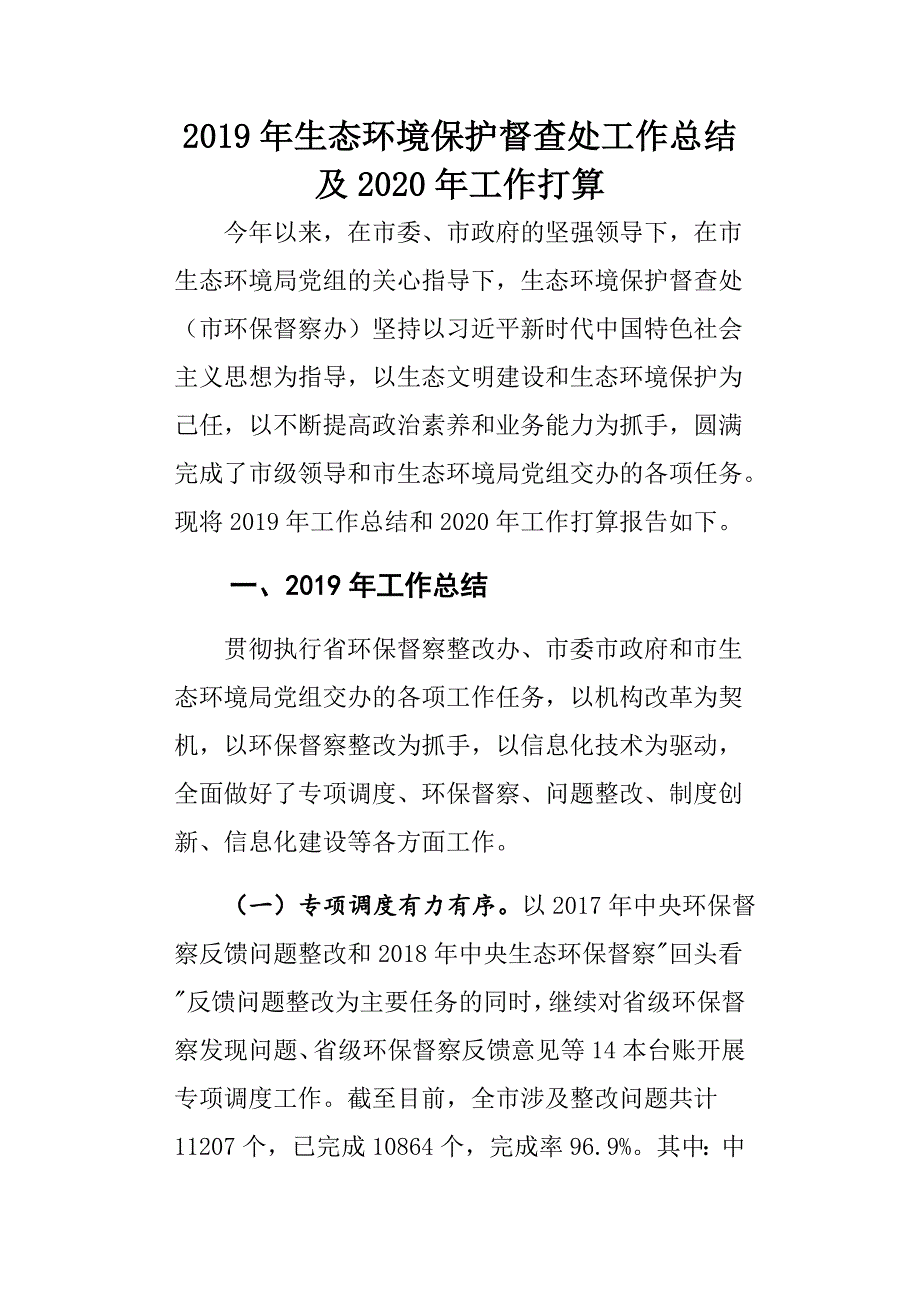 2019年生态环境保护督查处工作总结及2020年工作打算_第1页