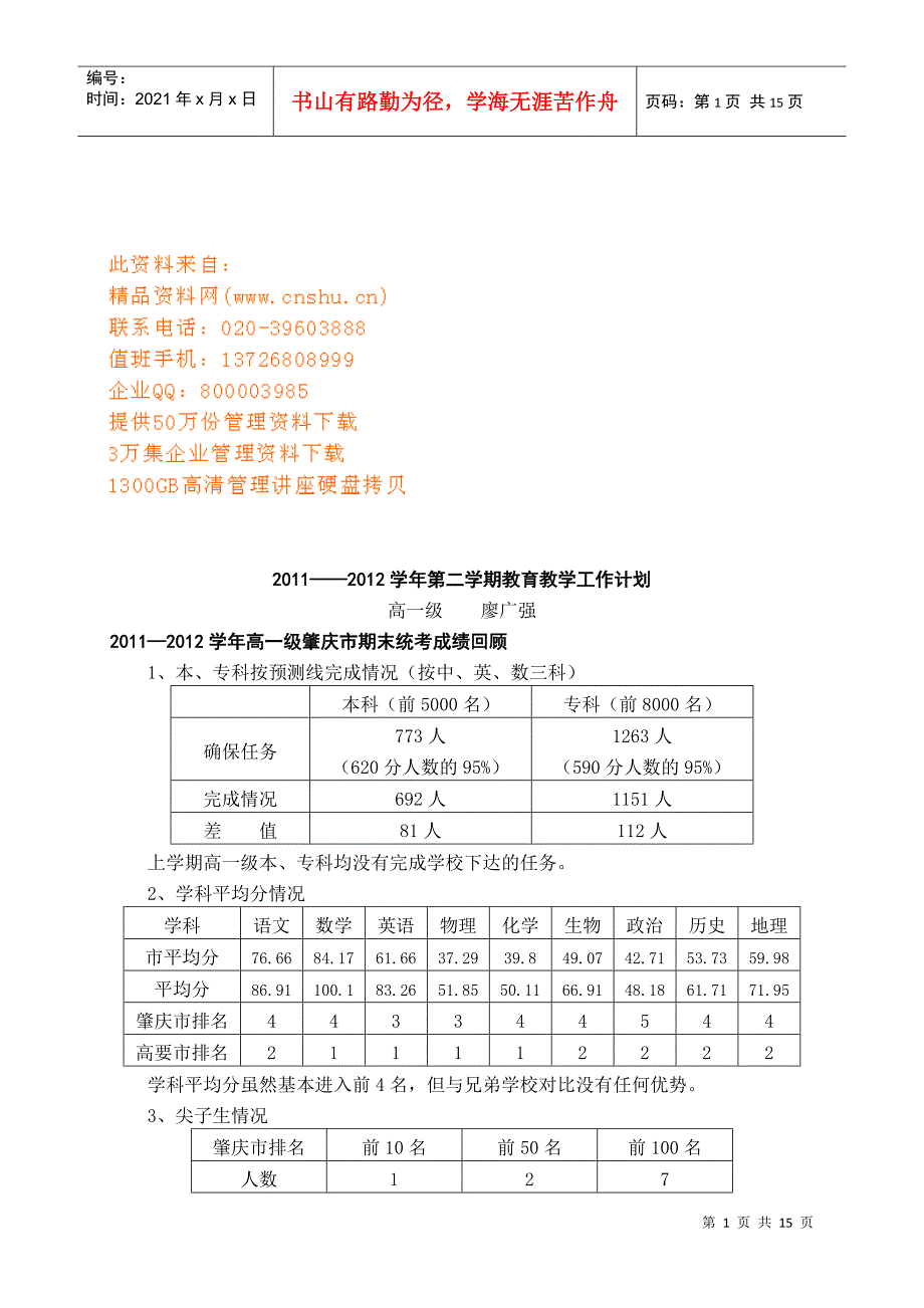 某某学期教育教学工作计划方案_第1页