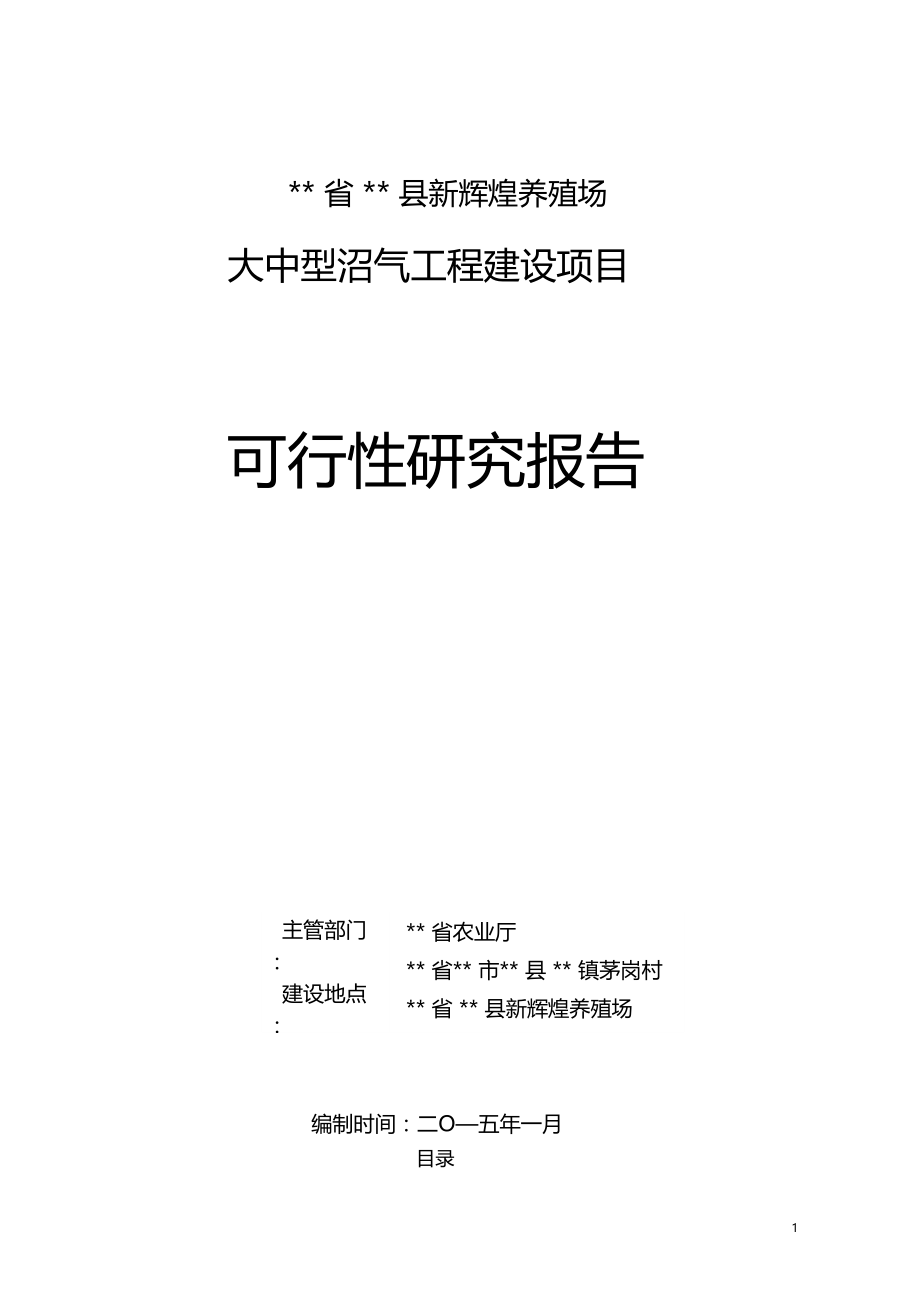 XX新辉煌养殖场大中型沼气工程建设工程项目可行性研究报告(DOC 80页)_第1页