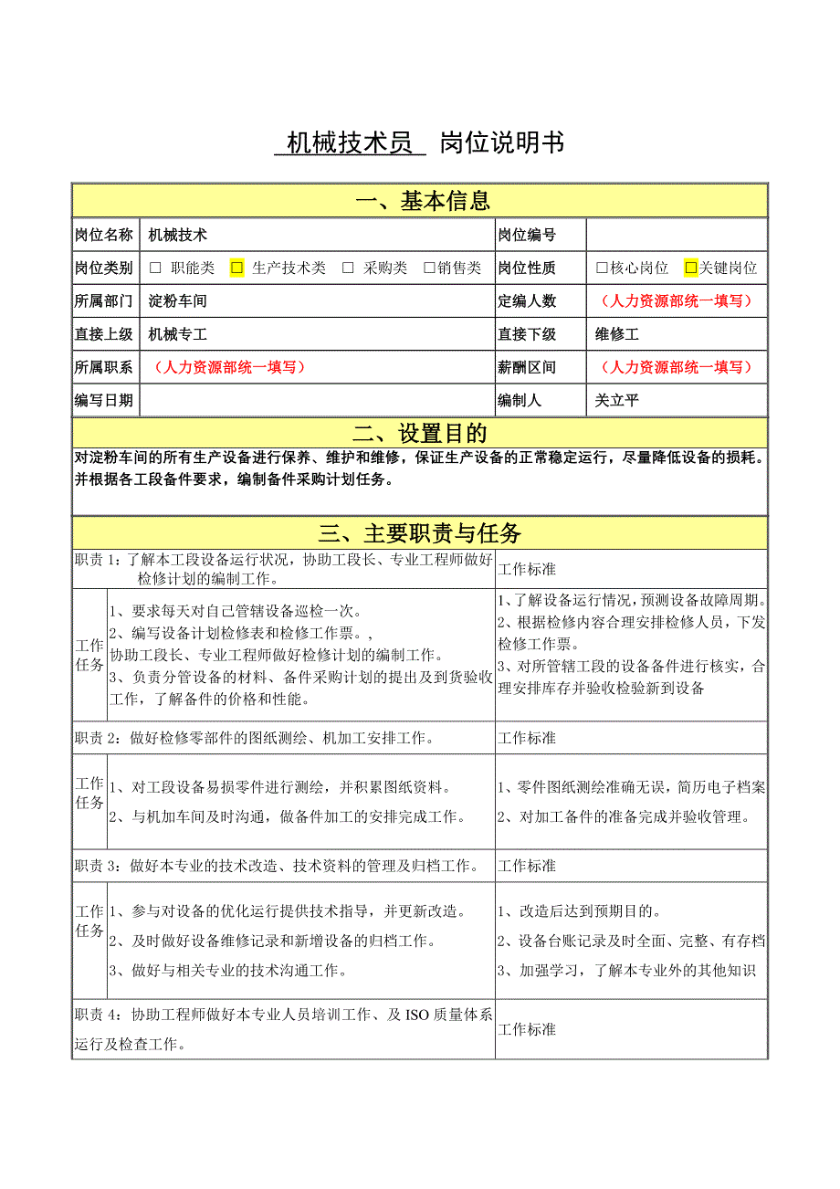 机械技术员岗位职责说明书_第1页