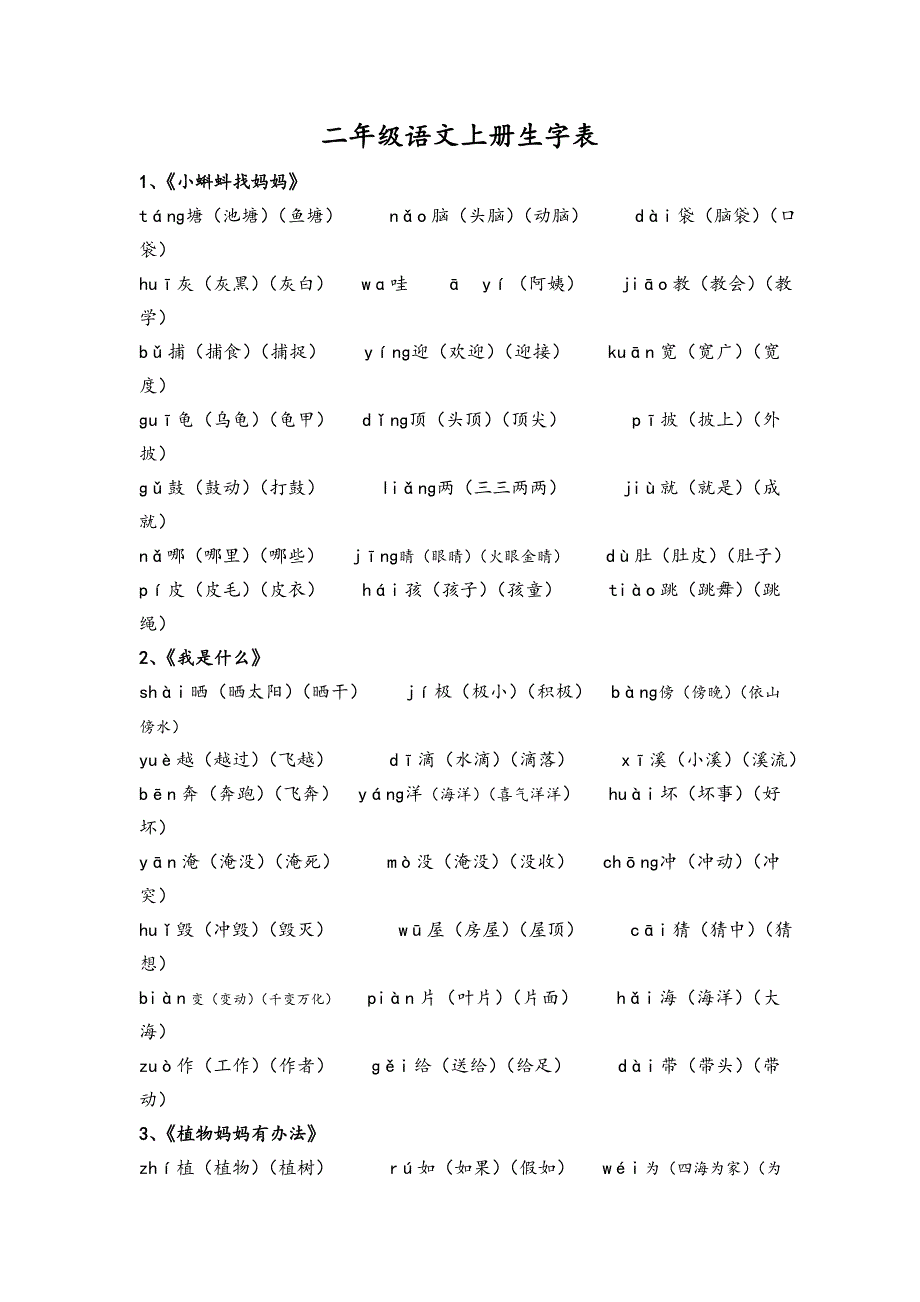 部编人版二年级语文(上册)生字表_第1页