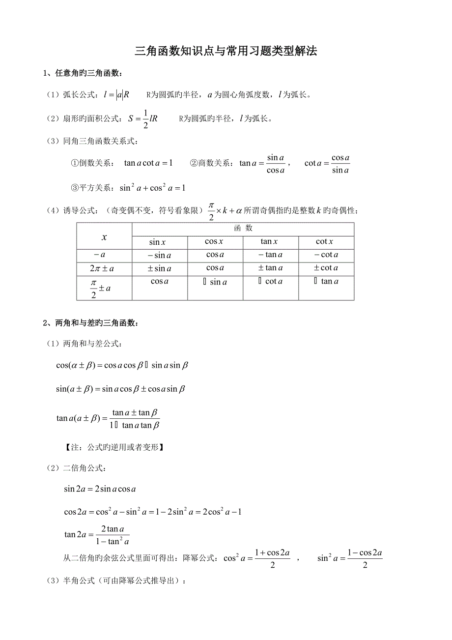 2022高中三角函数知识点与常见习题类型解法_第1页
