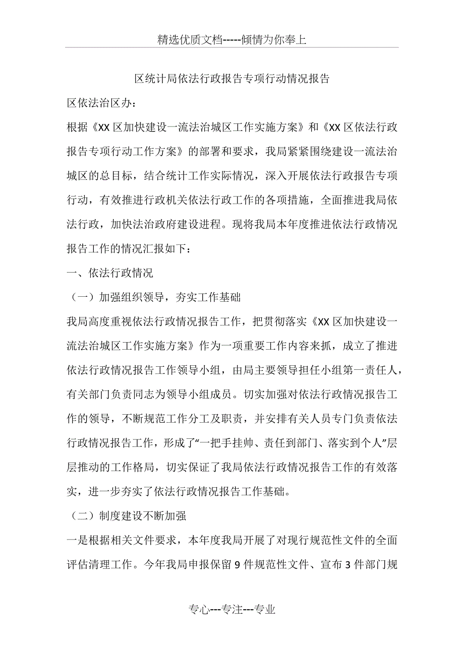 区统计局依法行政报告专项行动情况报告_第1页