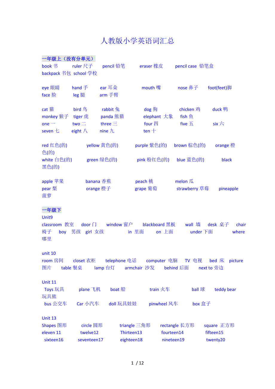 人教版小学英语(词汇)1-6年级_第1页