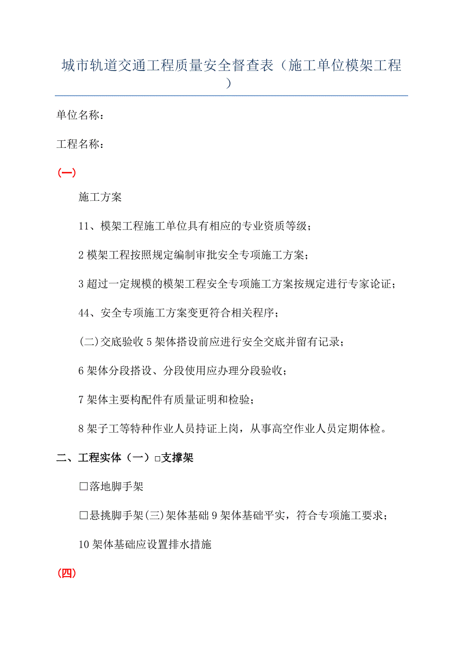 城市轨道交通工程质量安全督查表(施工单位模架工程).docx_第1页