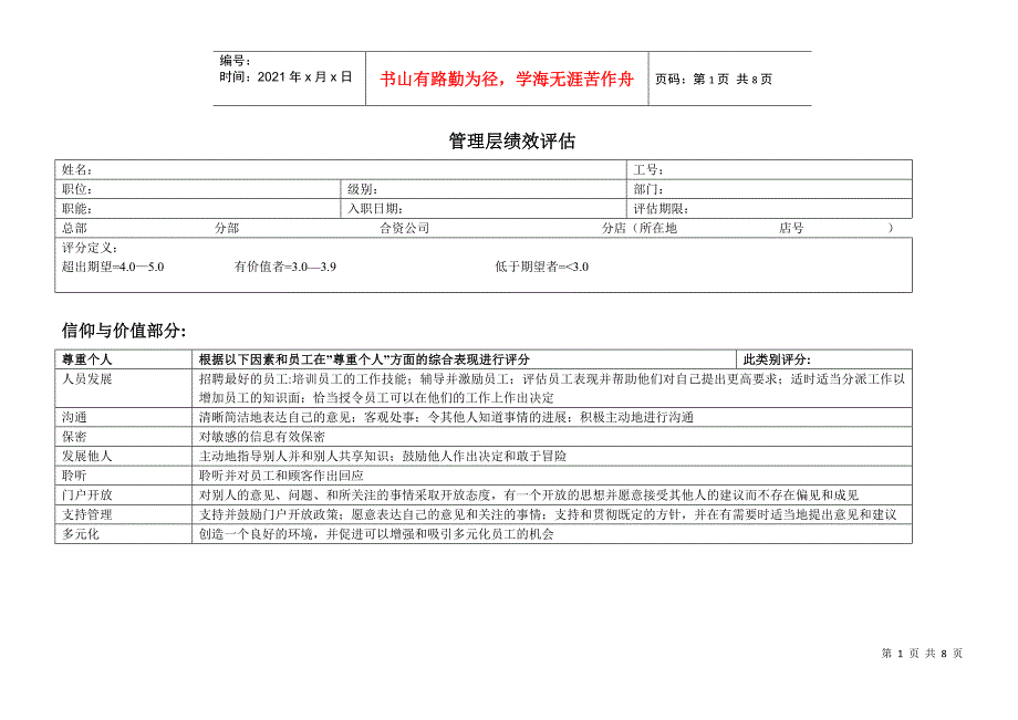 沃尔玛管理层绩效评估表_第1页