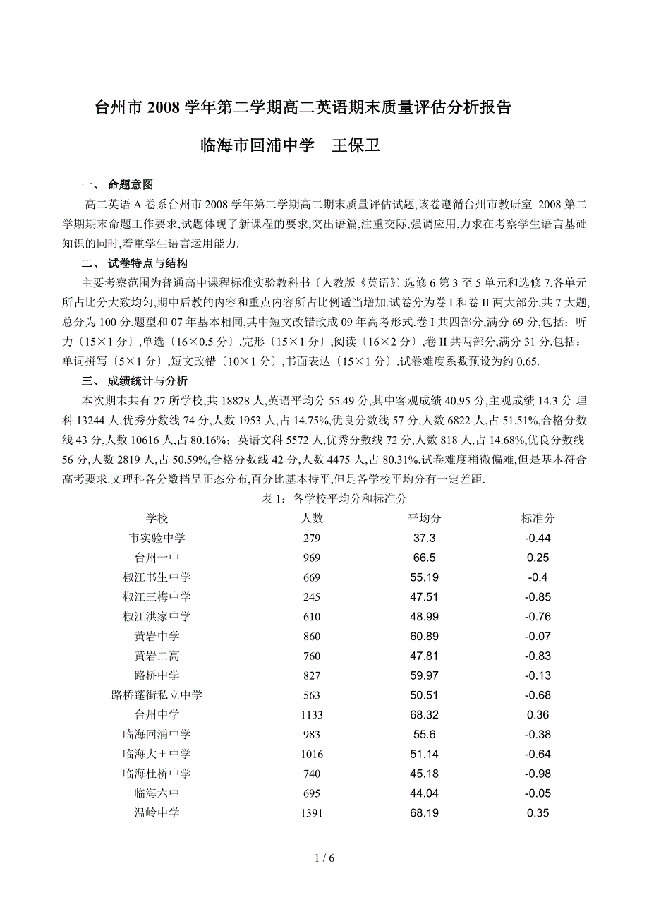 台州市2008学年第二学期高二英语期末质量评估分析报告_第1页