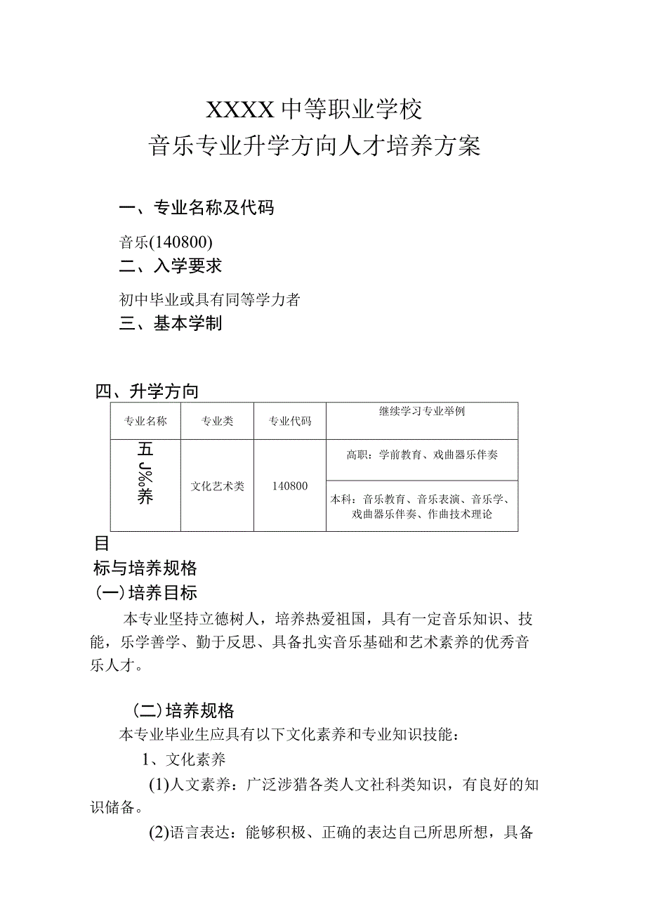 中等职业学校音乐专业升学方向人才培养方案_第1页