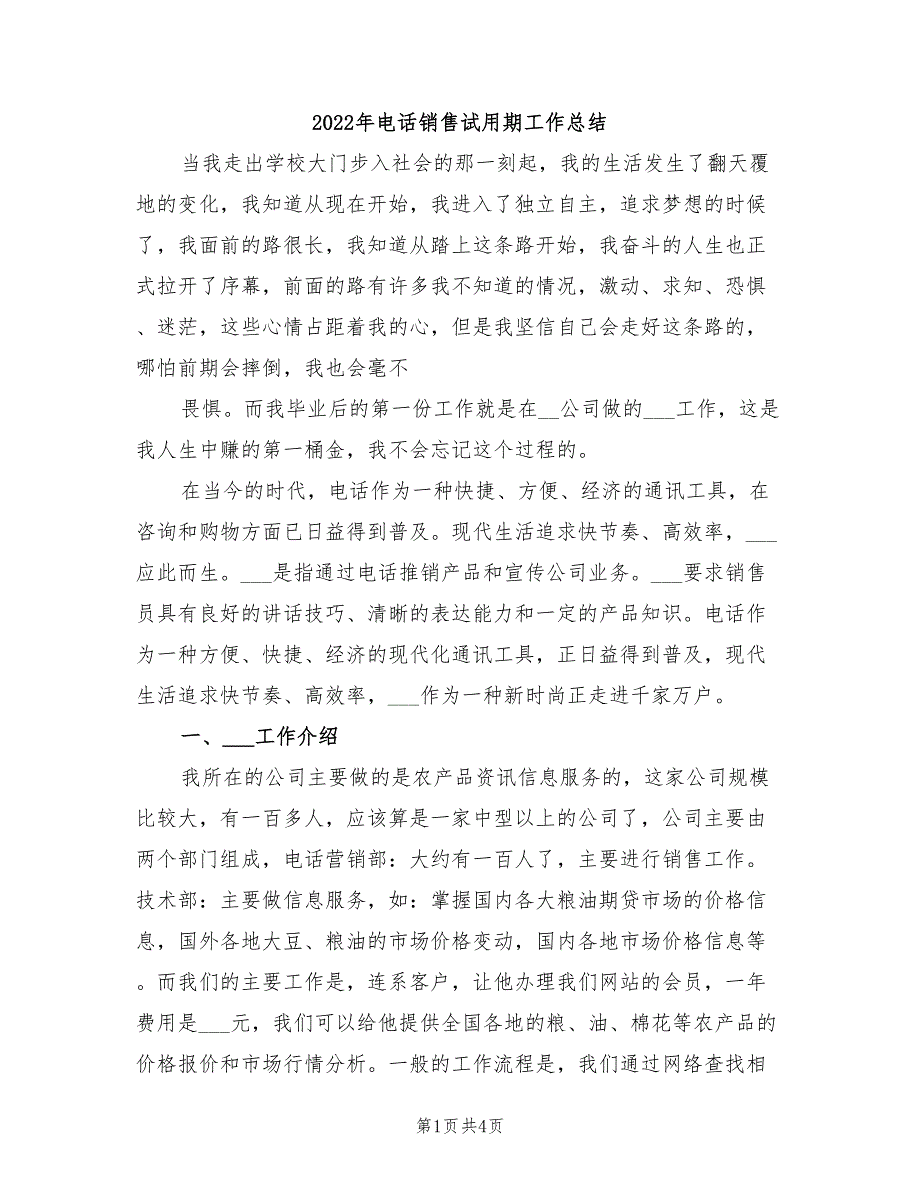 2022年电话销售试用期工作总结_第1页