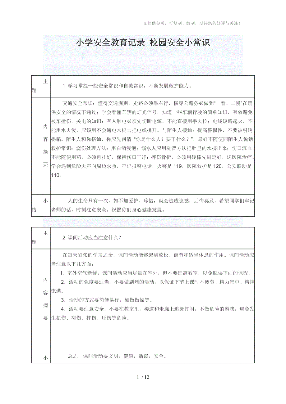 小学安全教育记录校园安全小常识_第1页