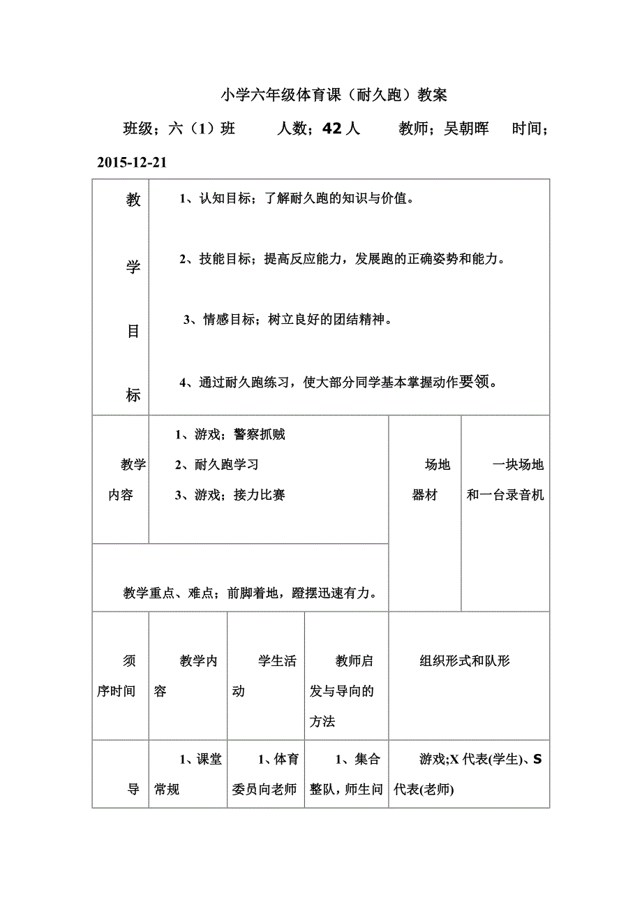 小学体育课(耐久跑)教案_第1页