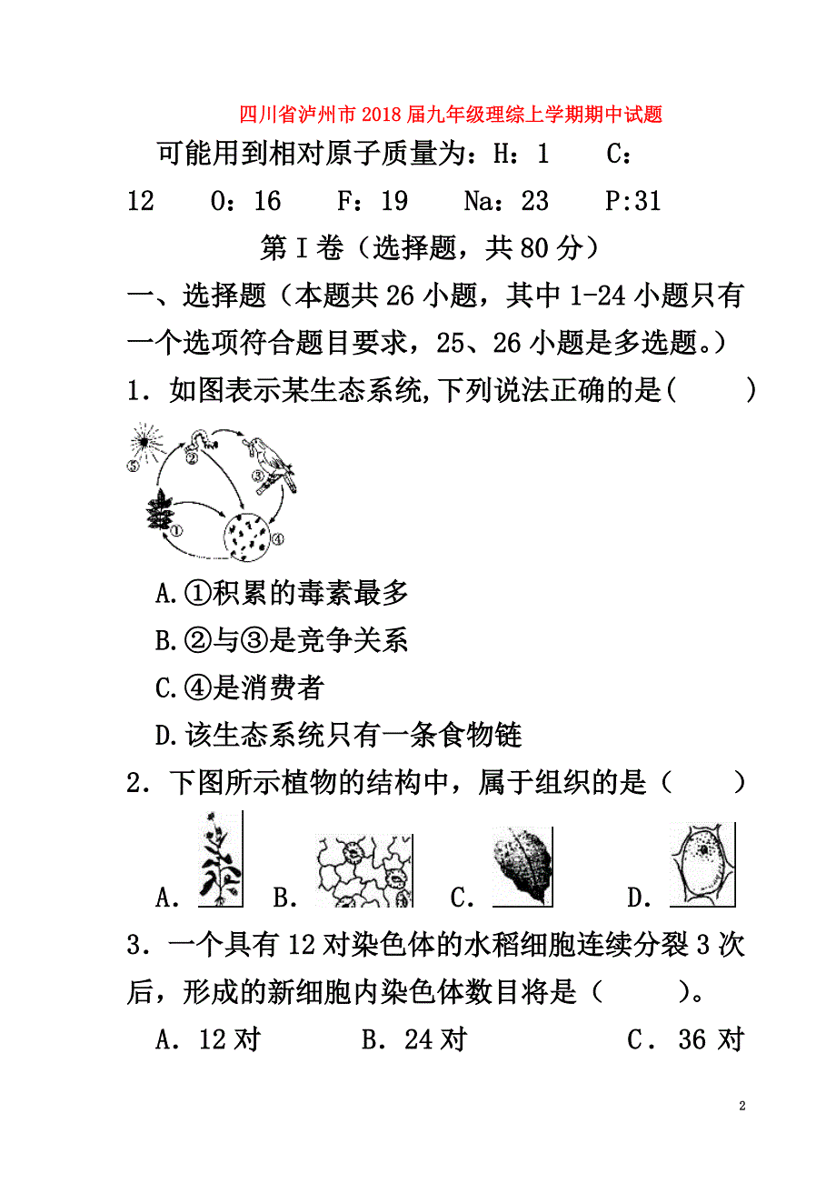 四川省泸州市2021届九年级理综上学期期中试题（答案不全）_第2页