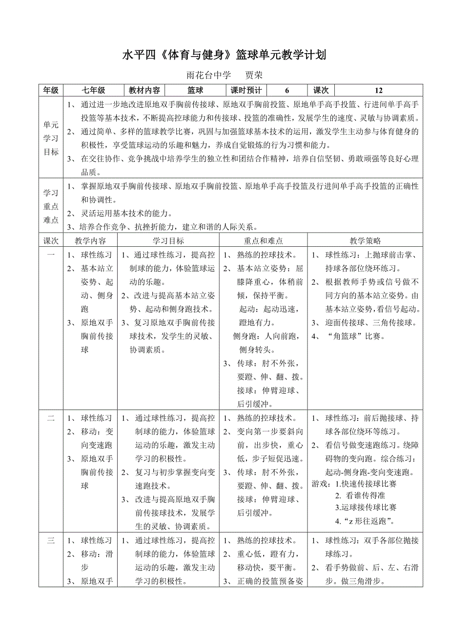 水平四体育与健身篮球单元教学计划_第1页