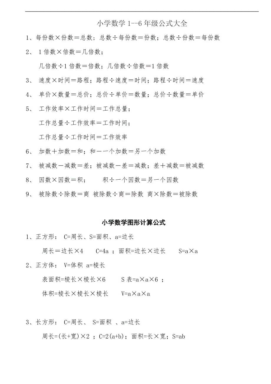 小学数学1-6年级公式大全(打印版)WORD_第1页