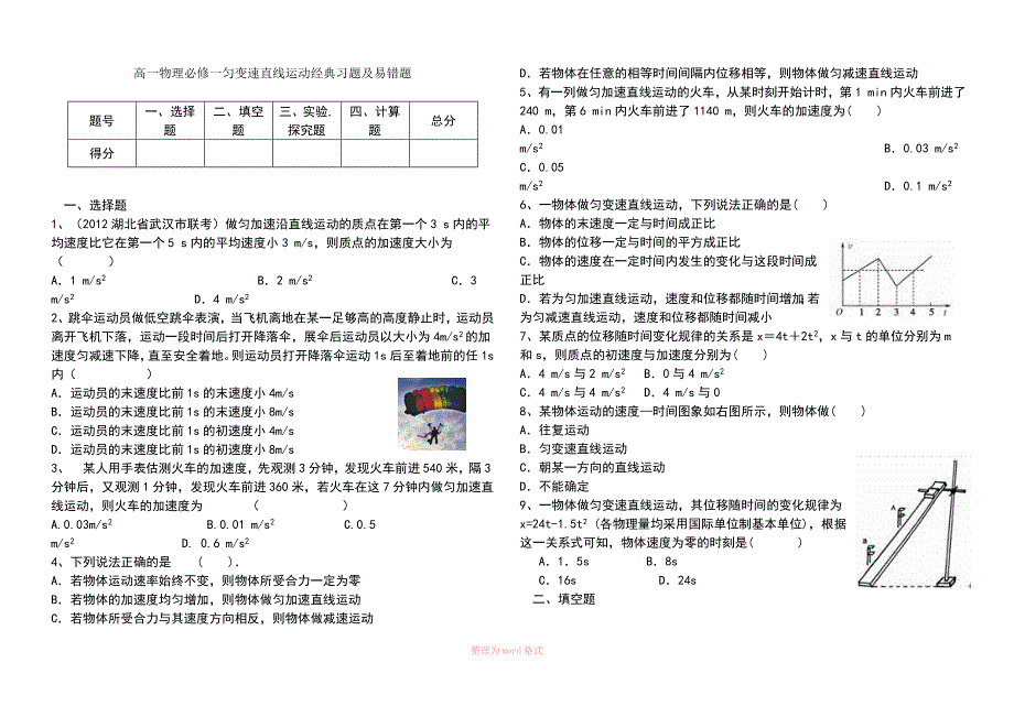 高一物理必修一匀变速直线运动经典习题及易错题_第1页