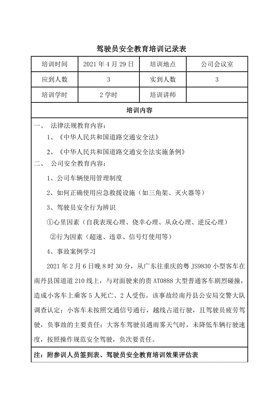 驾驶员安全教育培训记录表实用文档_第1页