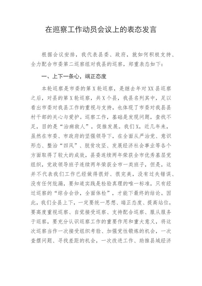 在巡察工作动员会议上的表态发言