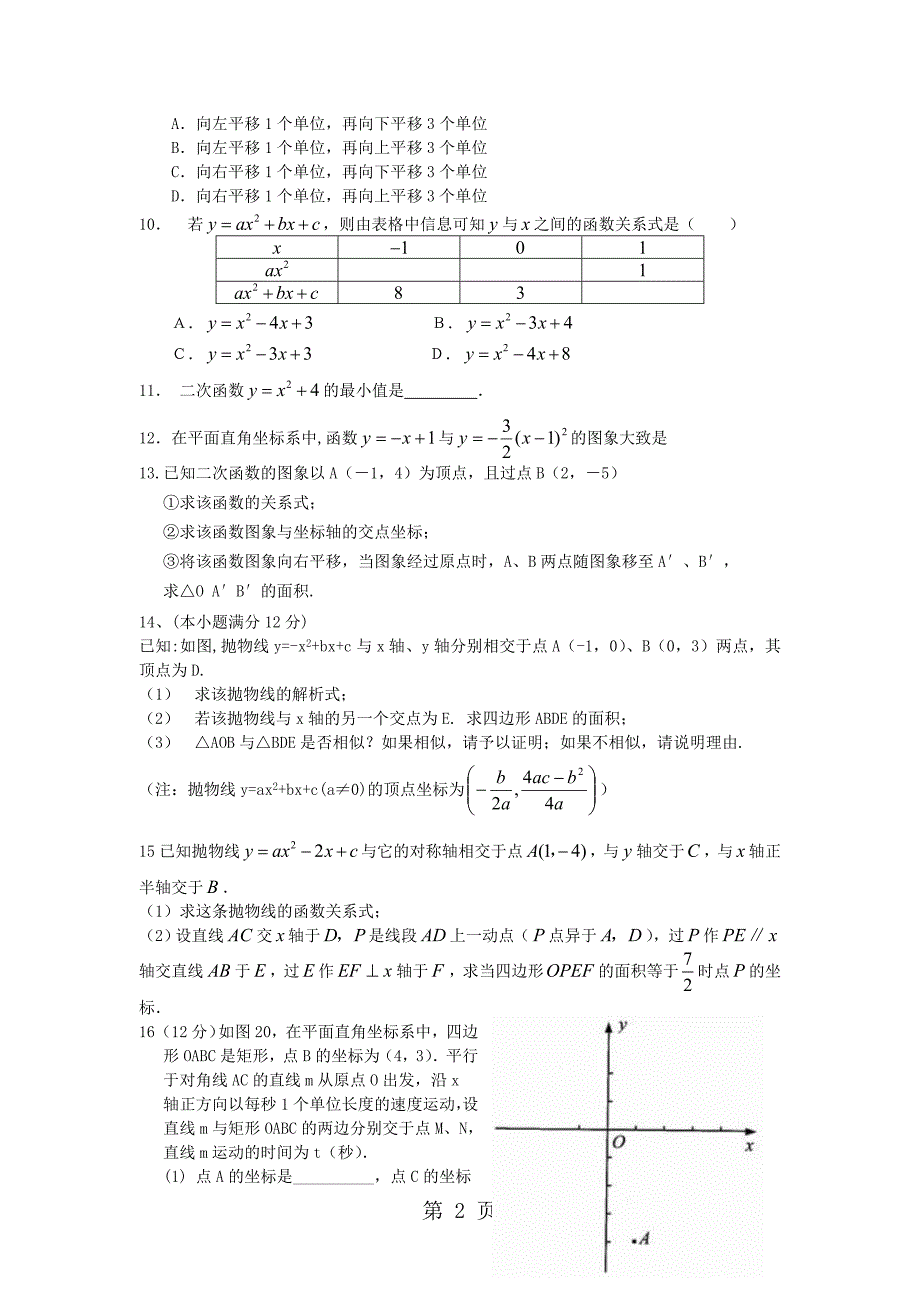 2023年人教版九年级第章二次函数单元测试无答案.doc_第2页