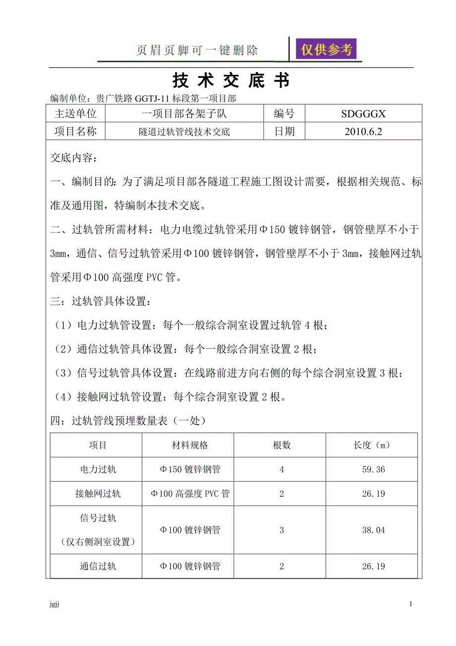 铁路客运专线隧道过轨管线技术交底文书荟萃_第1页