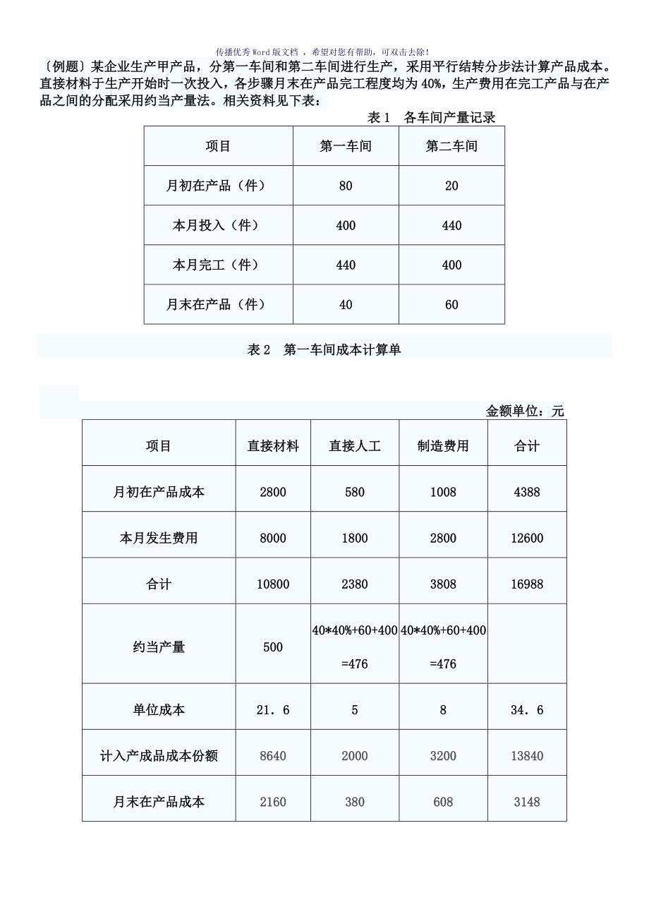 平行结转分步法例题Word版_第1页