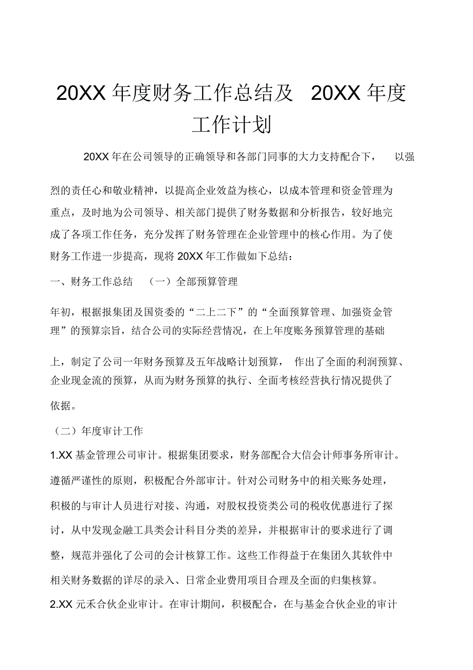 20XX年财务年度工作总结及来年工作计划示范文本_第1页