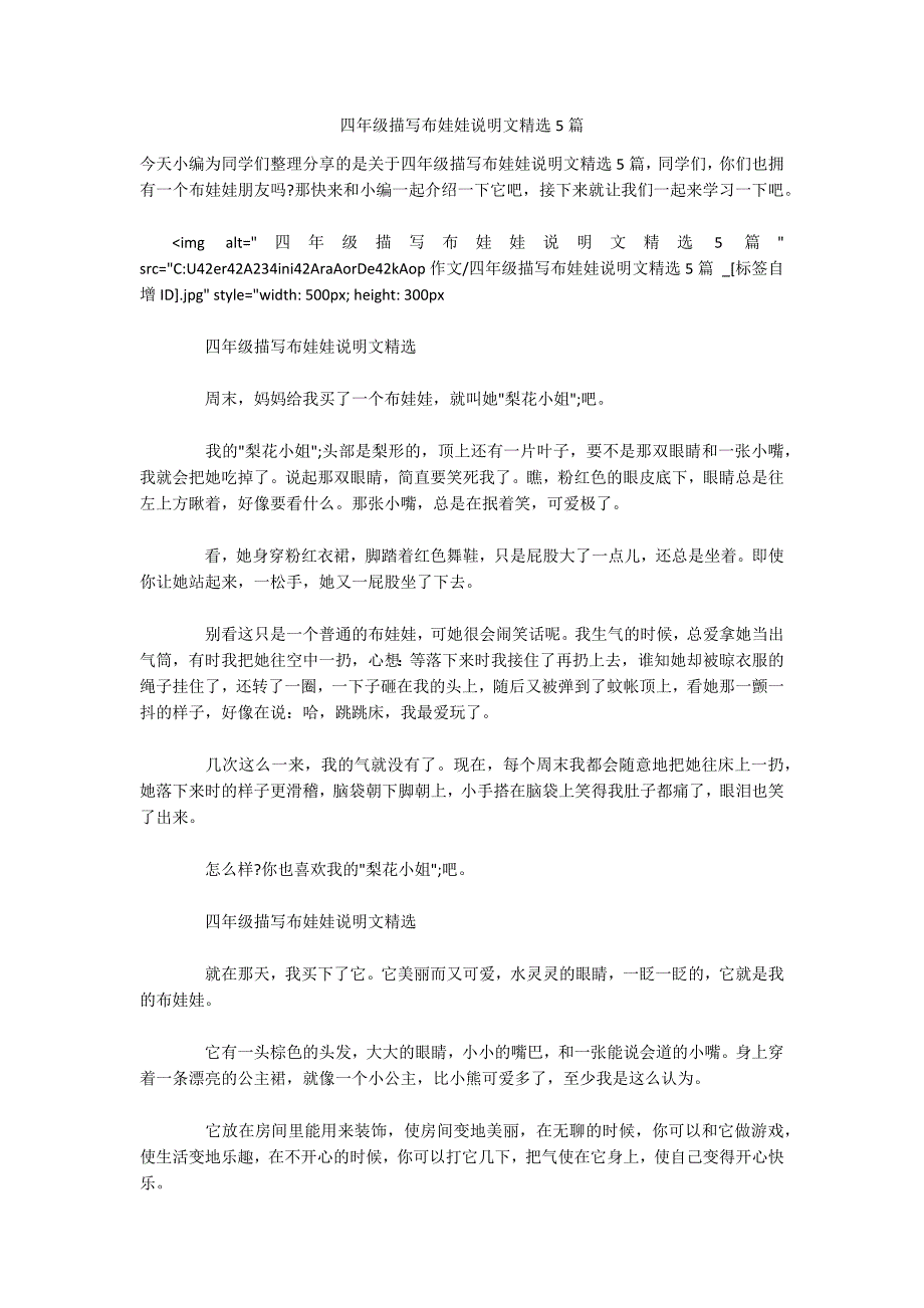 四年级描写布娃娃说明文精选5篇-.docx_第1页