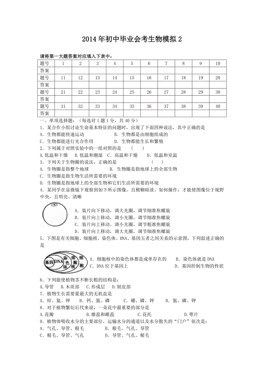 2014年初中毕业会考生物模拟_第1页