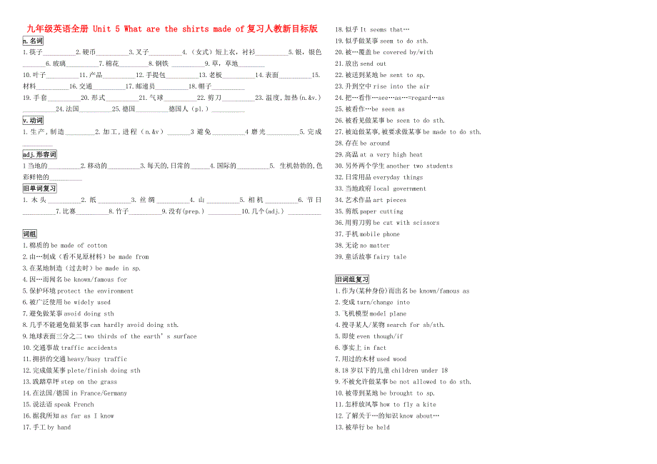 九年级英语全册 Unit 5 What are the shirts made of复习人教新目标版_第1页