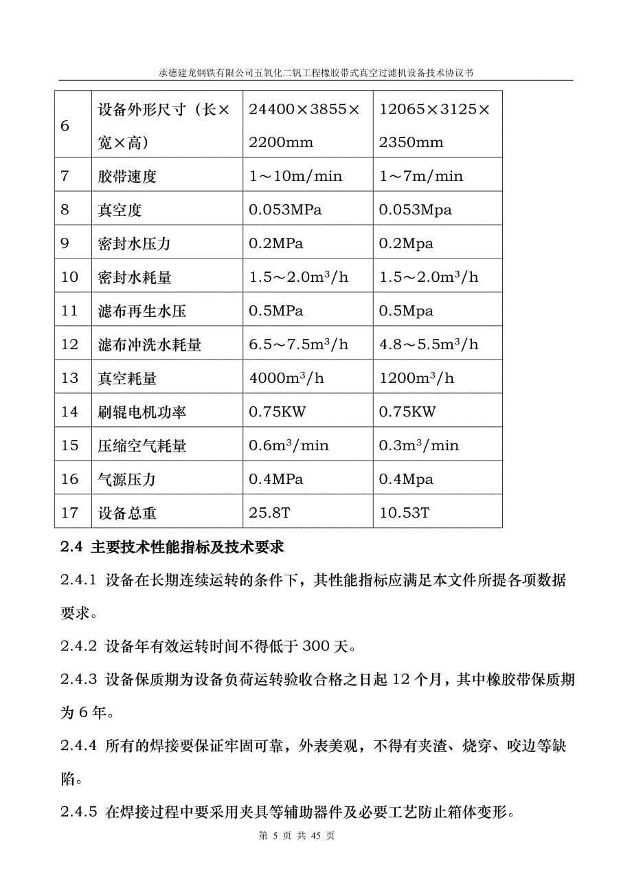 承德建龙五氧化二钒工程橡胶带式真空过滤机技术协议书_第5页