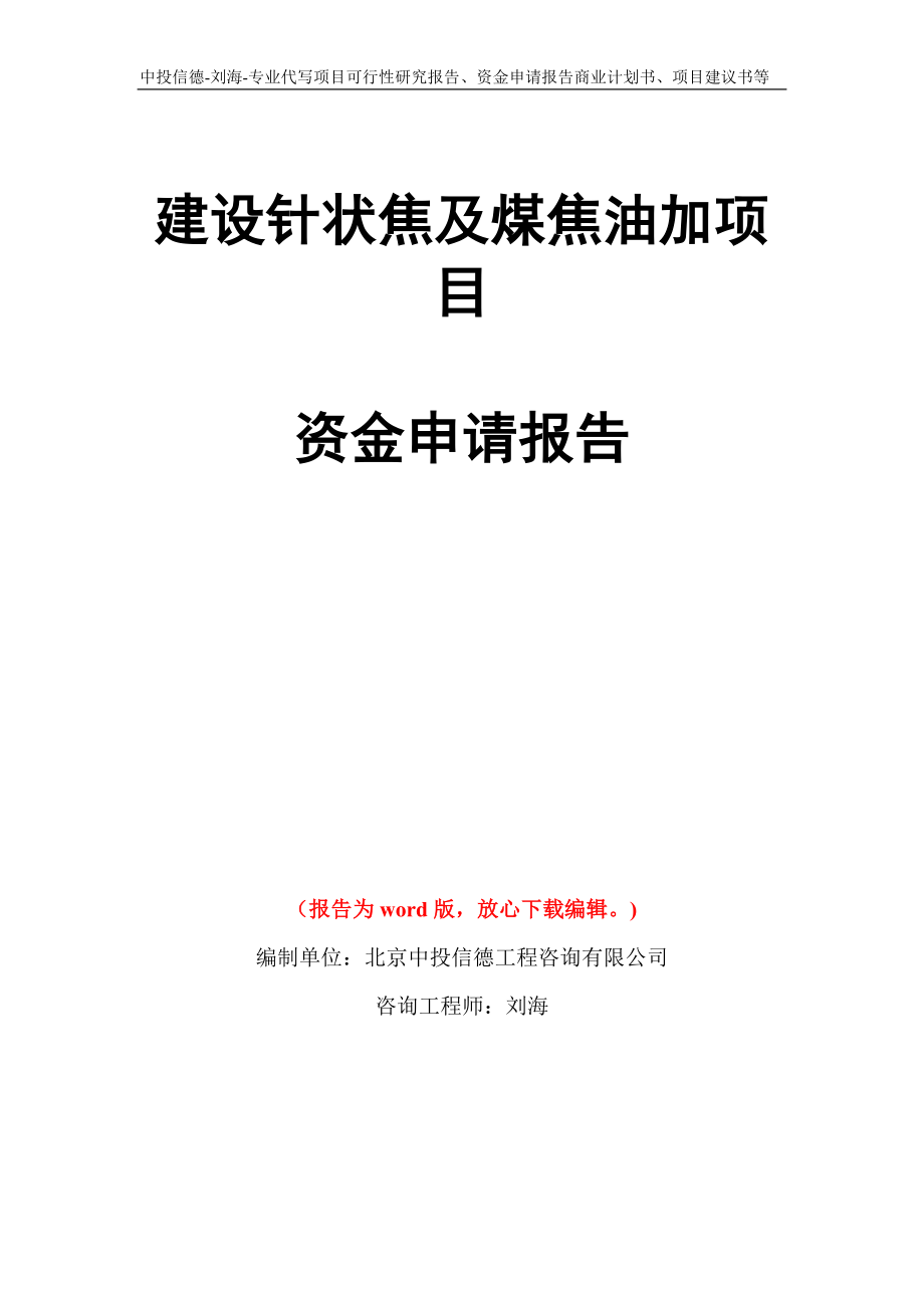 建设针状焦及煤焦油加项目资金申请报告写作模板代写_第1页