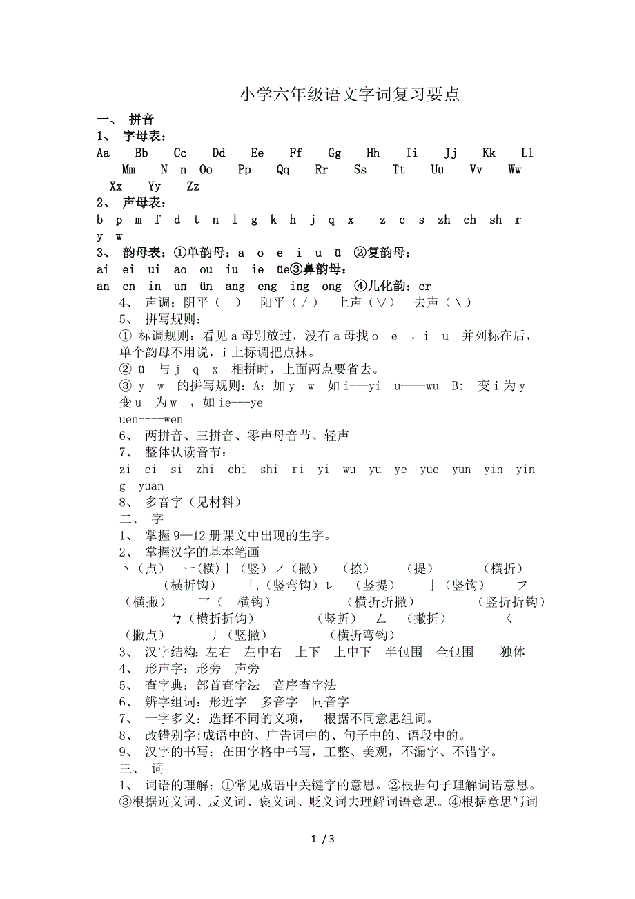 小学六年级语文字词复习要点_第1页