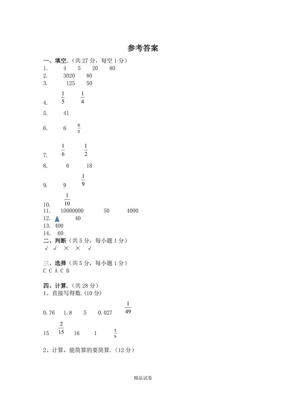 苏教版数学六年级小升初测试题（附答案解析）_第5页