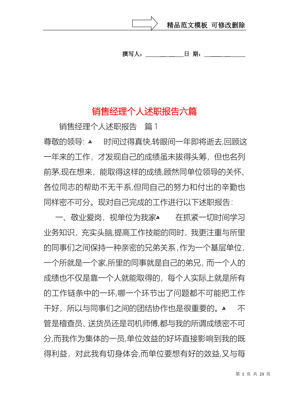 销售经理个人述职报告六篇_第1页