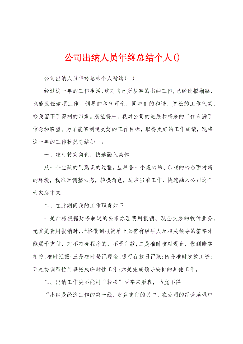 公司出纳人员年终总结个人().docx_第1页