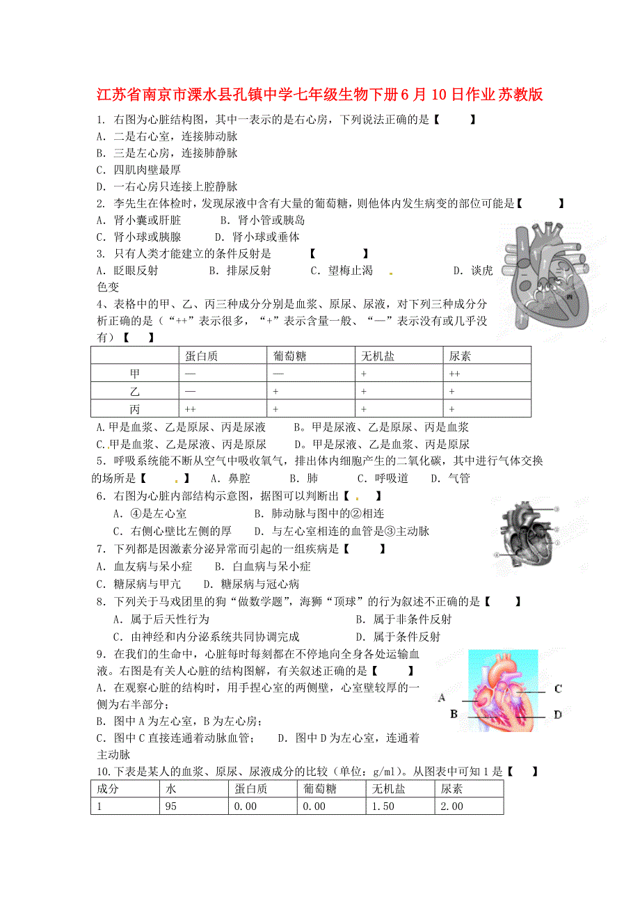 江苏省南京市溧水县孔镇中学七年级生物下册6月10日作业无答案苏教版通用_第1页