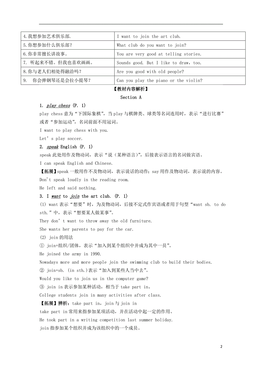 七年级英语下册 Unit 1 Can you play the guitar短语、语法知识点汇总 （新版）人教新目标版_第2页