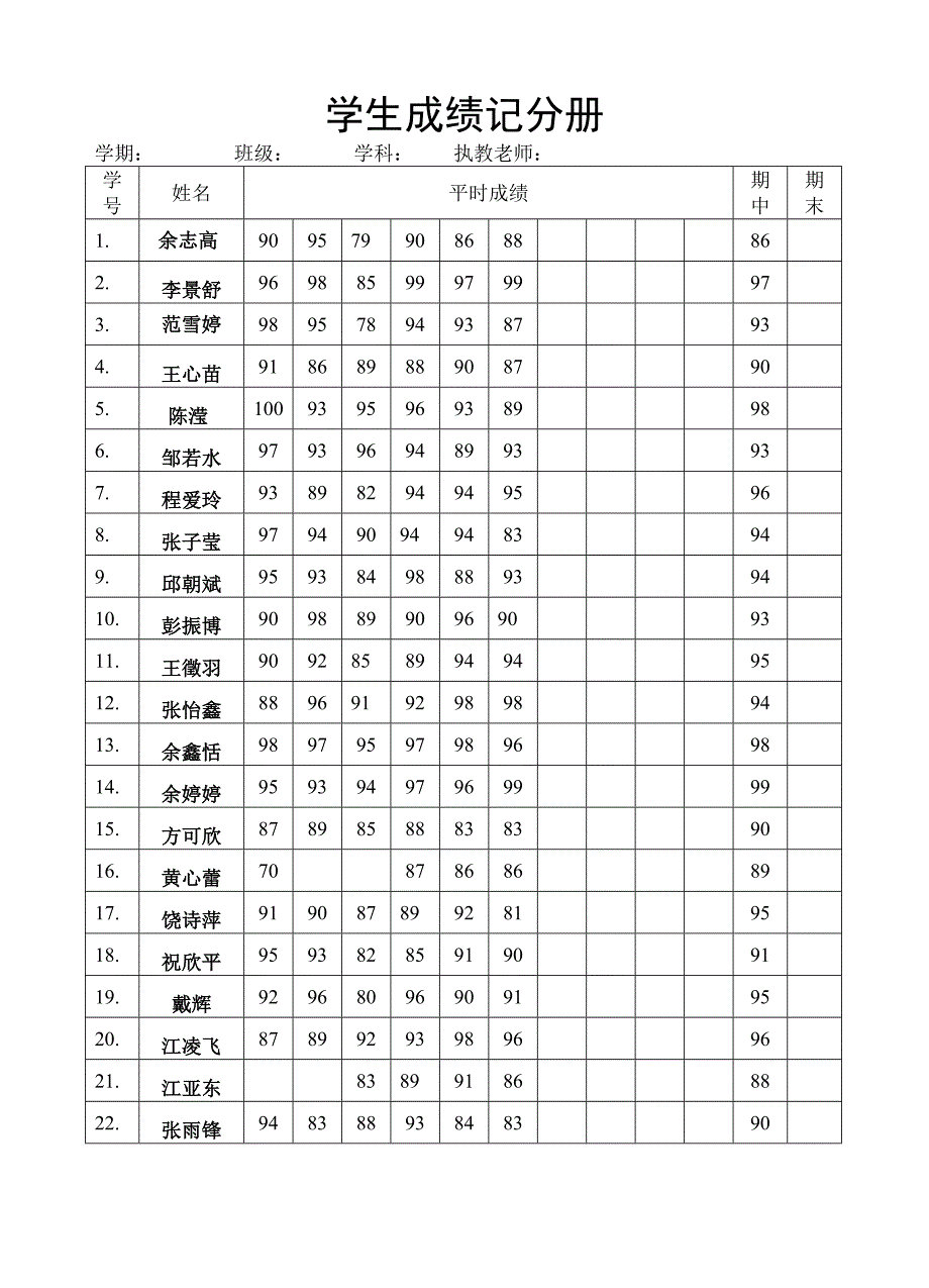 一5班学生成绩记分册_第1页