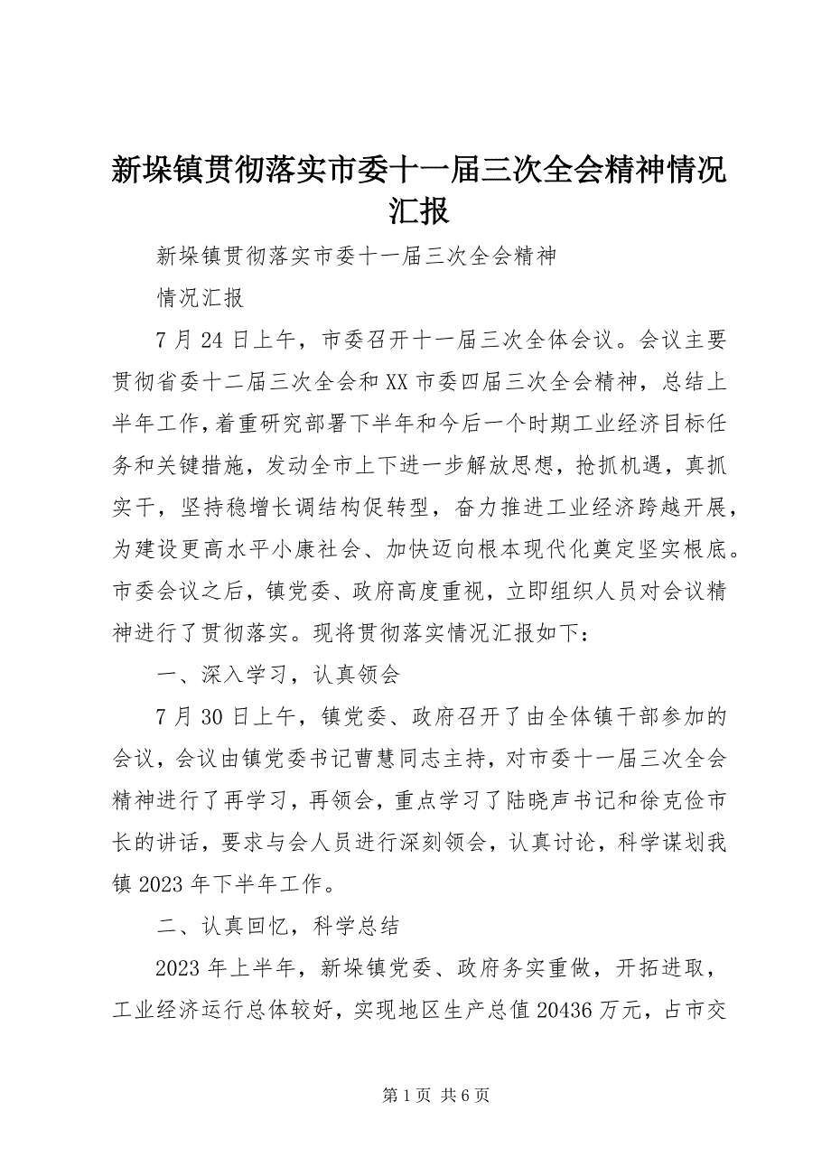 2023年新垛镇贯彻落实市委十一届三次全会精神情况汇报.docx_第1页