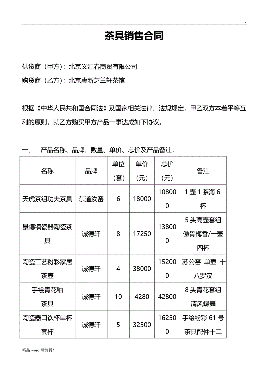 茶具销售合同 (完整版)_第1页