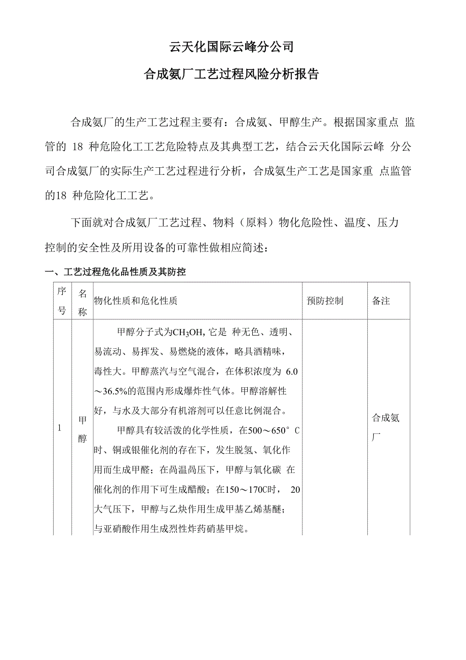 合成氨厂工艺过程风险分析_第1页