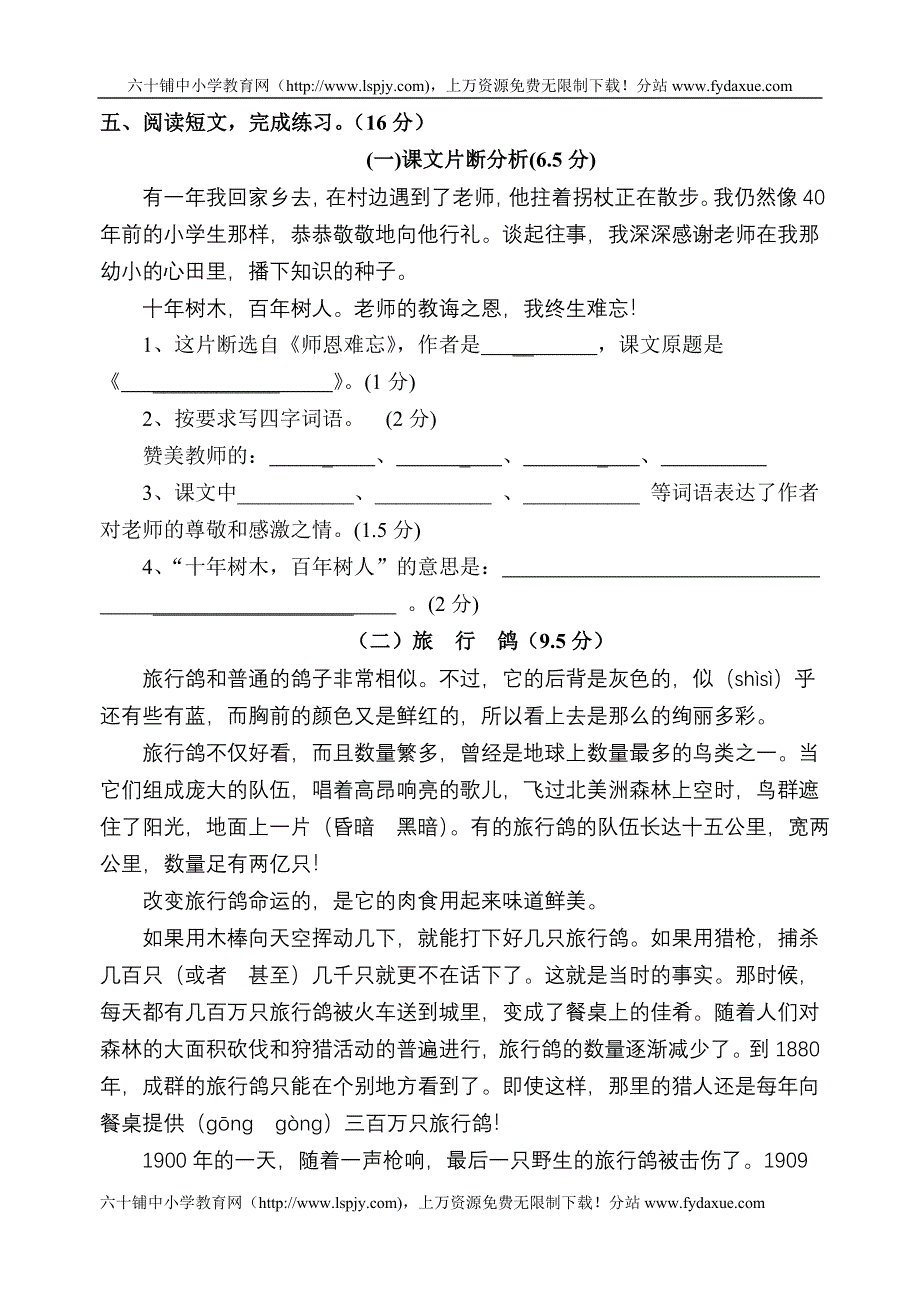 人教版五年级上册语文期中试卷2_第4页