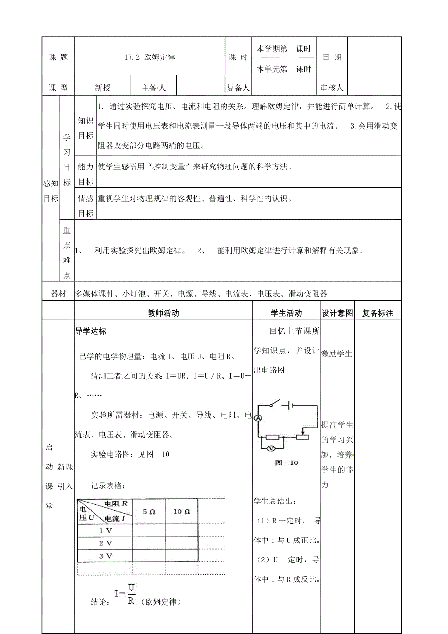 山东省滨州市邹平实验九年级物理全册第十七章欧姆定律17.2欧姆定律学案新版新人教版_第1页